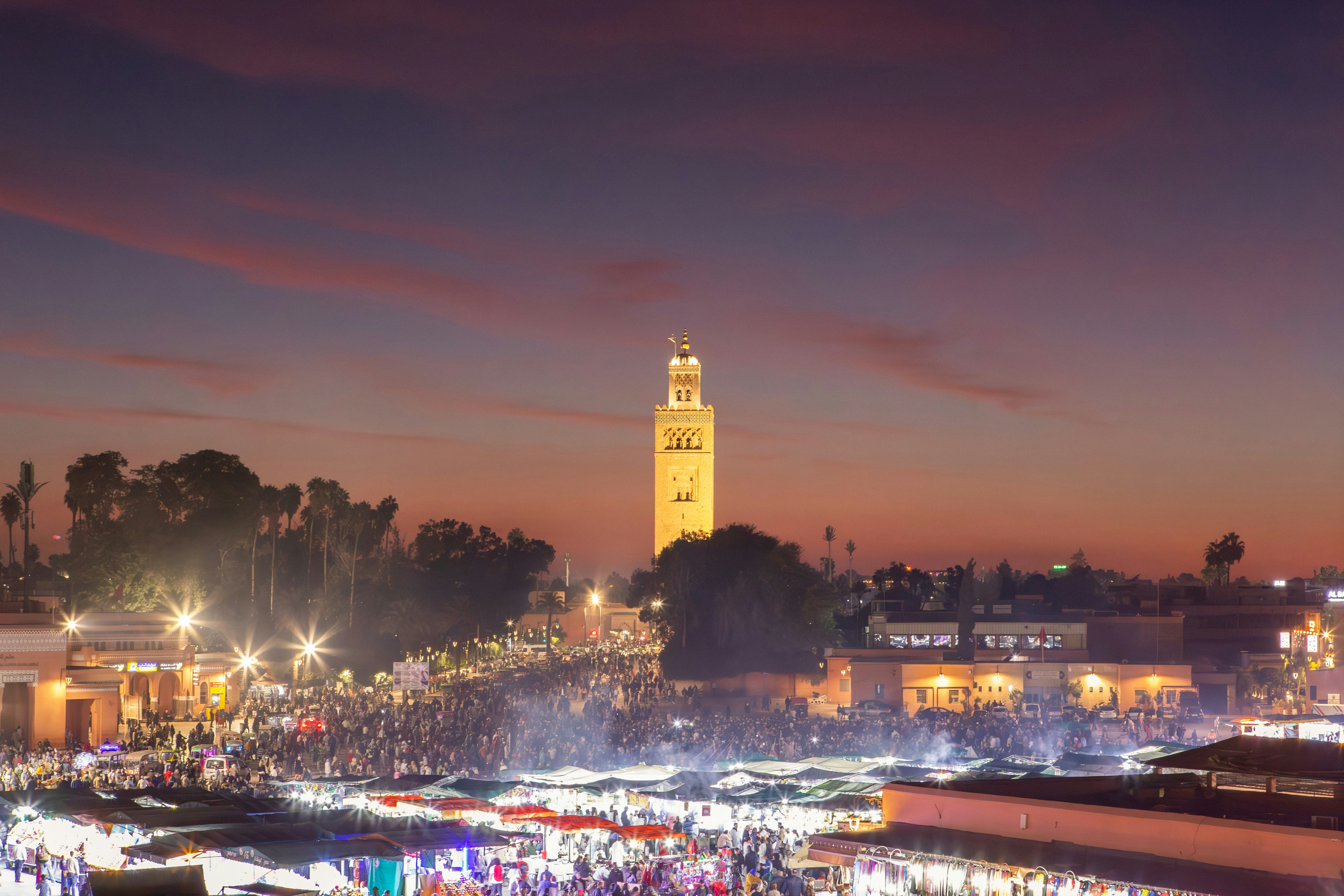 Busy but relaxed evening scene in Marrakech's Jemaa el-Fnaa square