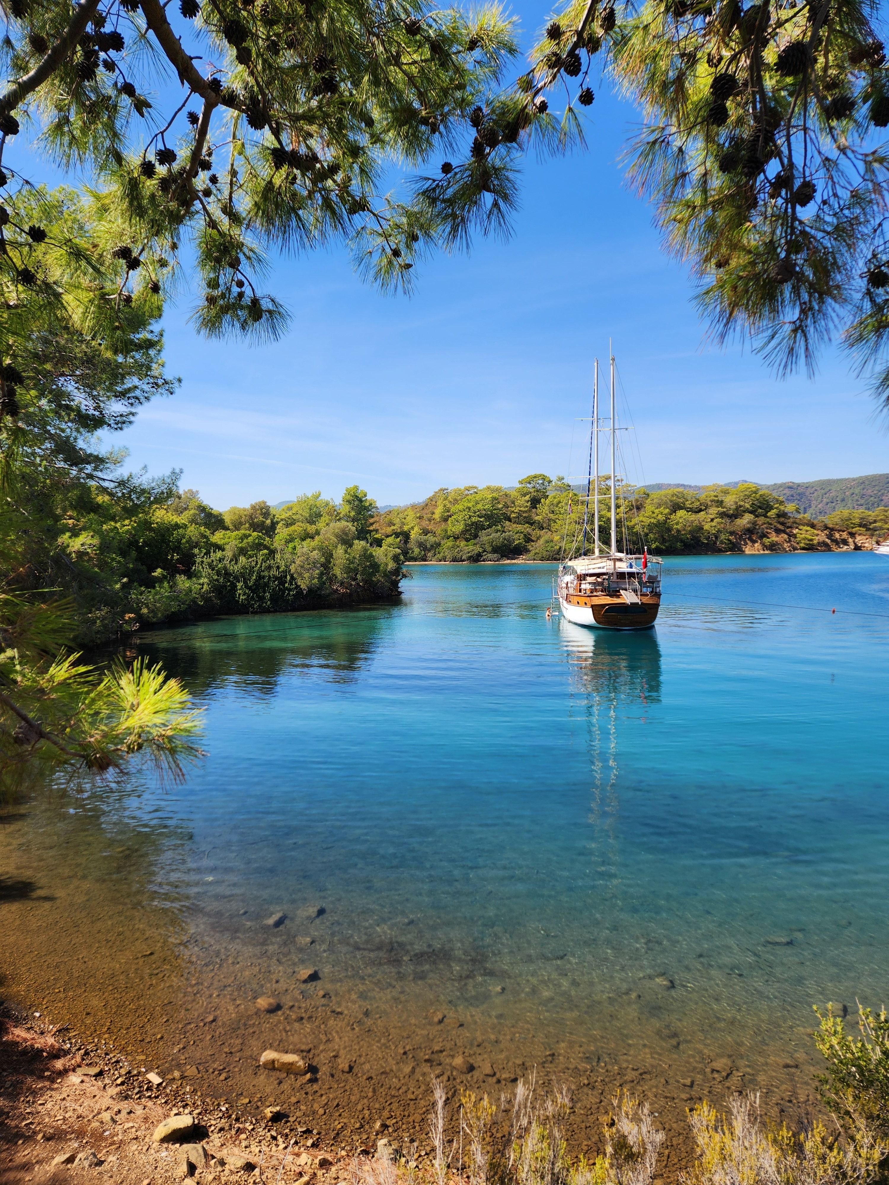 A sweeping Turkey hero — a gulet in a turquoise bay or the coast meeting mountains, no recognizable faces