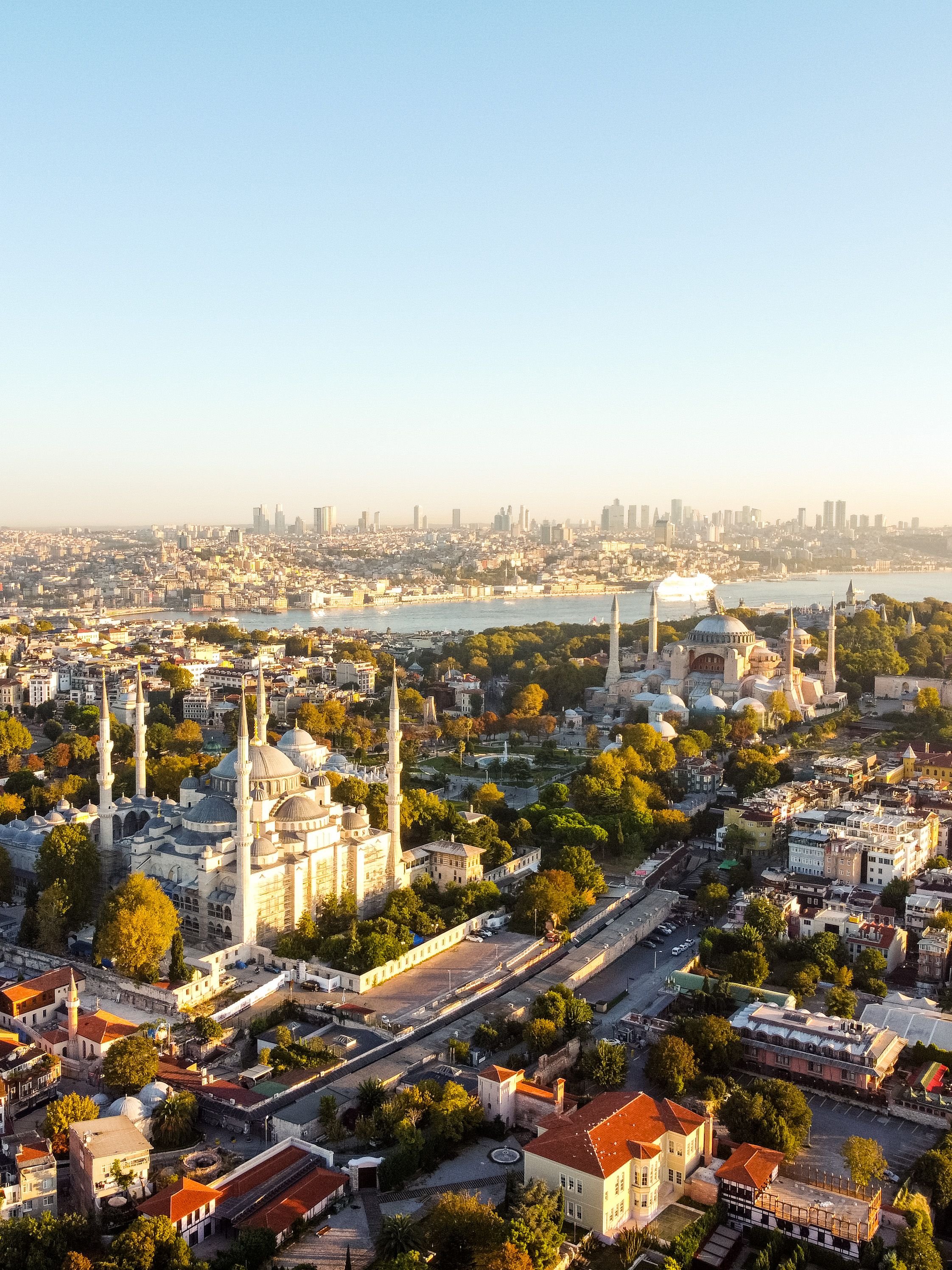 Aerial of the historic peninsula showing Hagia Sophia and the Blue Mosque with the Bosphorus behind