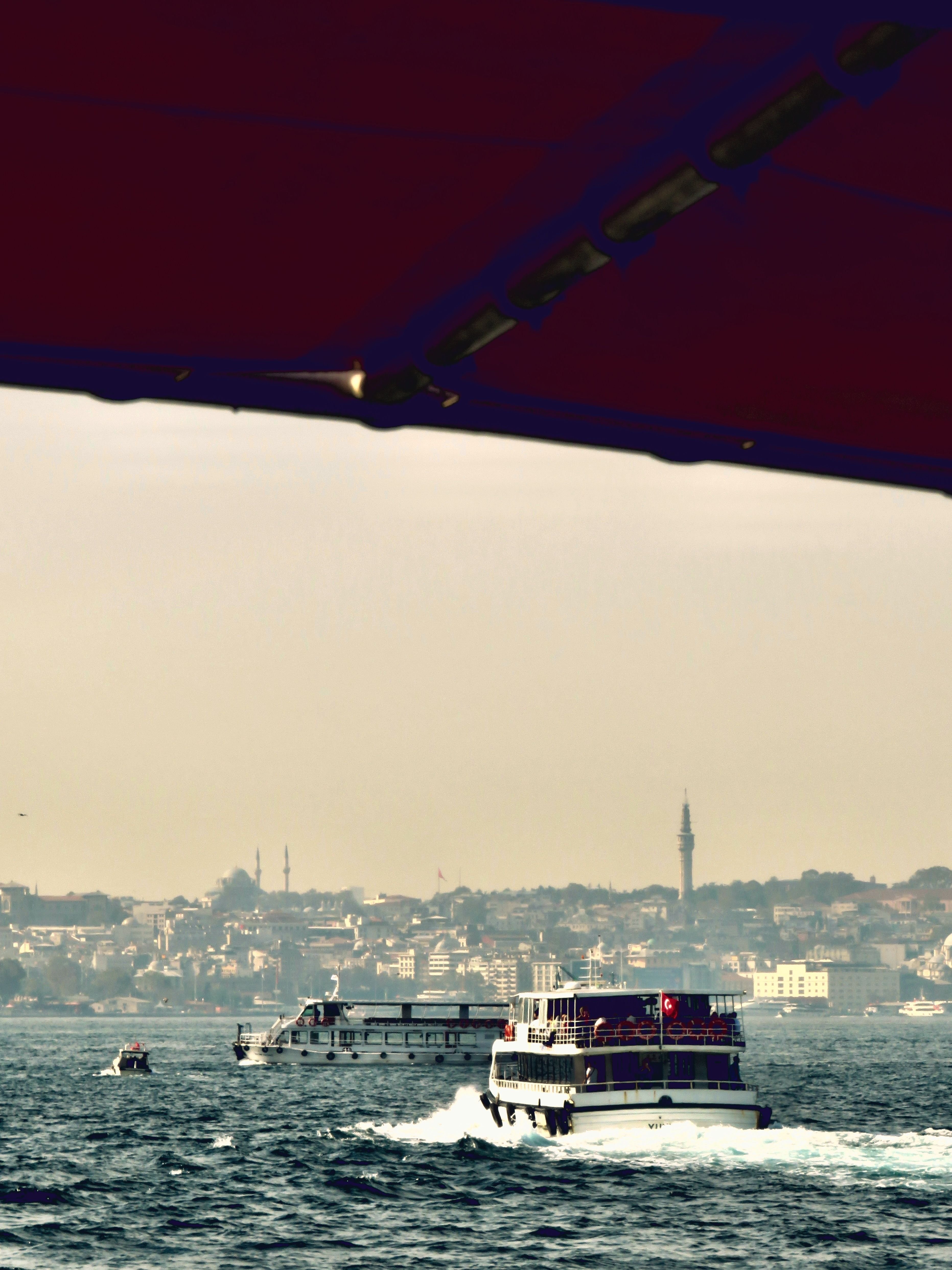 A ferry crossing the Bosphorus with a waterfront palace and the city skyline behind