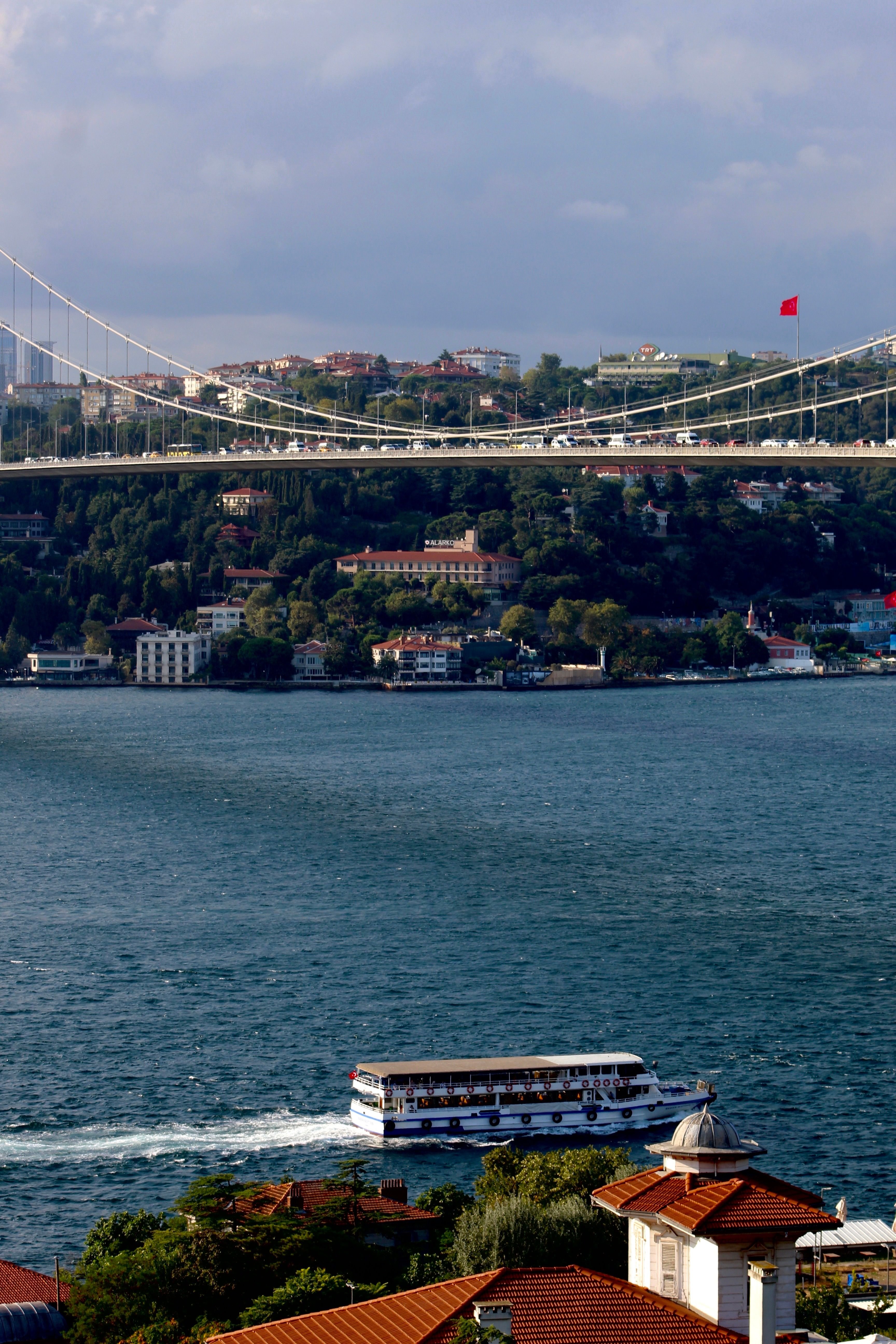 Wide view of the Istanbul skyline at golden hour with the Blue Mosque and Hagia Sophia, ferries on the Bosphorus