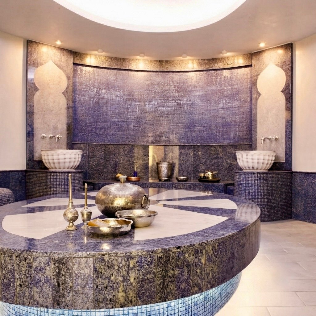 Marble basins with brass bowls along a hammam wall, soft steam
